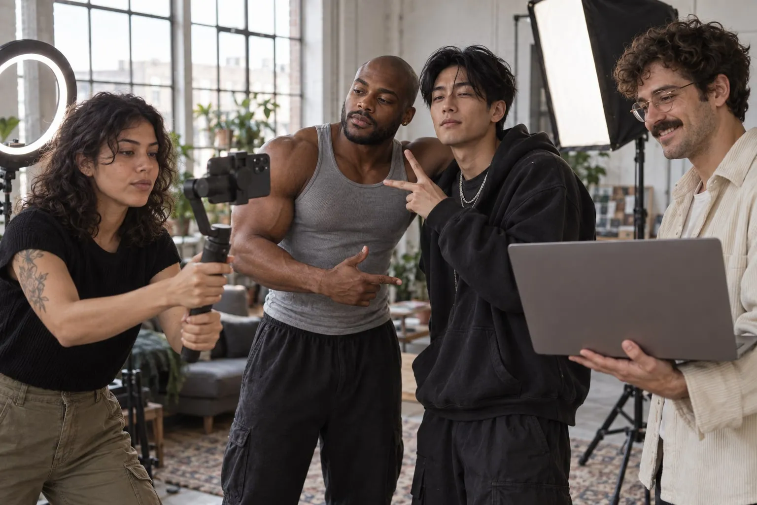 Two Bunny Agency managers filming a content shoot with two male creators under a ring light