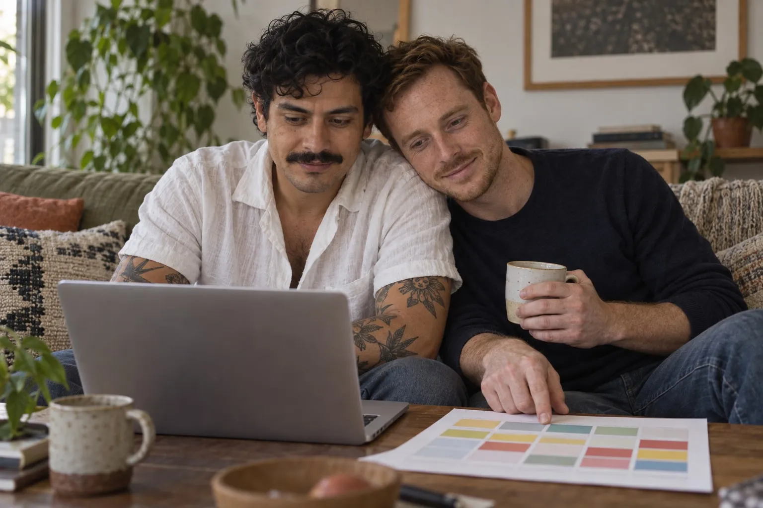 A creator couple planning their weekly content on a laptop