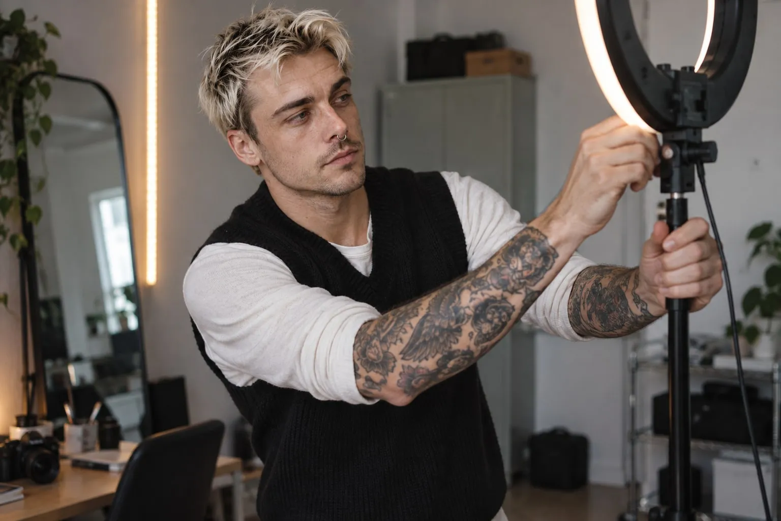 A creator adjusting a ring light in his home studio